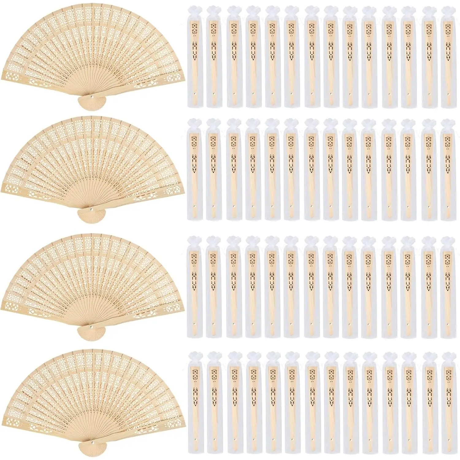 60 Pack Sandalwood Folding Fans Bulk, 7.9 Inches Wooden Handheld Fans with Organza Bags, Wedding Fans for Bridal Shower, Party Favors, Events & Gifts