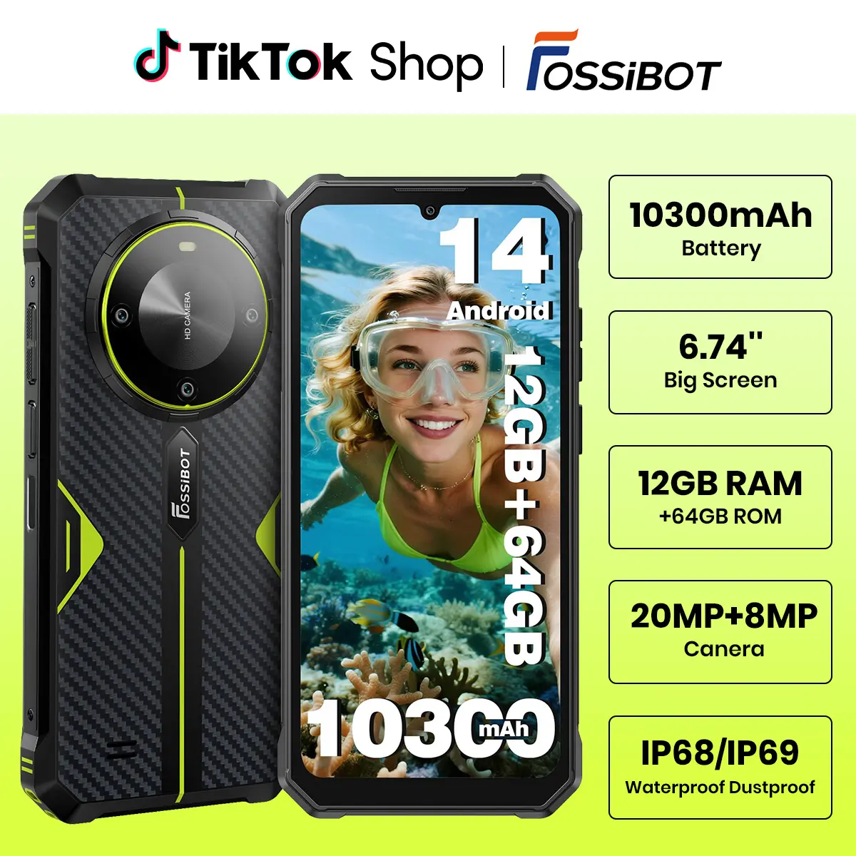 FOSSIBOT Rugged Smartphone Unlocked,12+64GB/128GB Cellphone,10000+mAh Battery,20MP+8MP Waterproof Phones, 6.745” HD Display Display,IP68/IP69K/Dual Sim/2026 Black