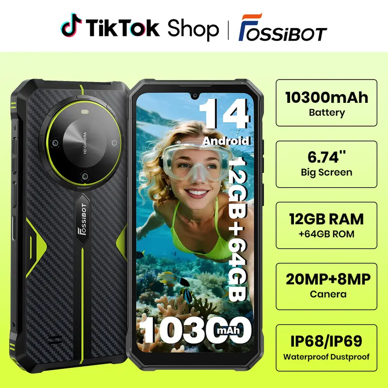 FOSSIBOT F105 Rugged Mobile Smartphone Unlocked Cellphone, 12+64GB/128GB, 10300mAh Battery, 24hr Video Play, 20MP+8MP Camera, 6.745in HD Display, IP68/IP69K Waterproof Rainproof, Dual Sim, Built for Camping Work and Travel, 2026 Black, Back to School