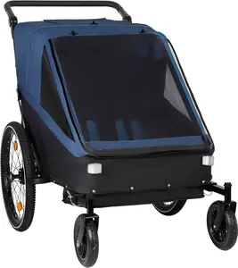 2-in-1 Kids Bike Trailer & Stroller for 1-2 Children – Jogging Function, Foldable Compact Storage with Universal Bike Hitch, 5-Point Harness & Storage Bags, Dark Blue