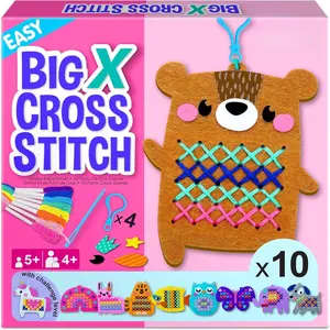 L-ITC107 Beginner Cross Stitch Kits for Kids - Kids Cross Stitch Kits Embroidery Kits Age 5-8 - 10 No Mess Cute Animal Sewing Projects - Extra Large Holes with Jumble Needle