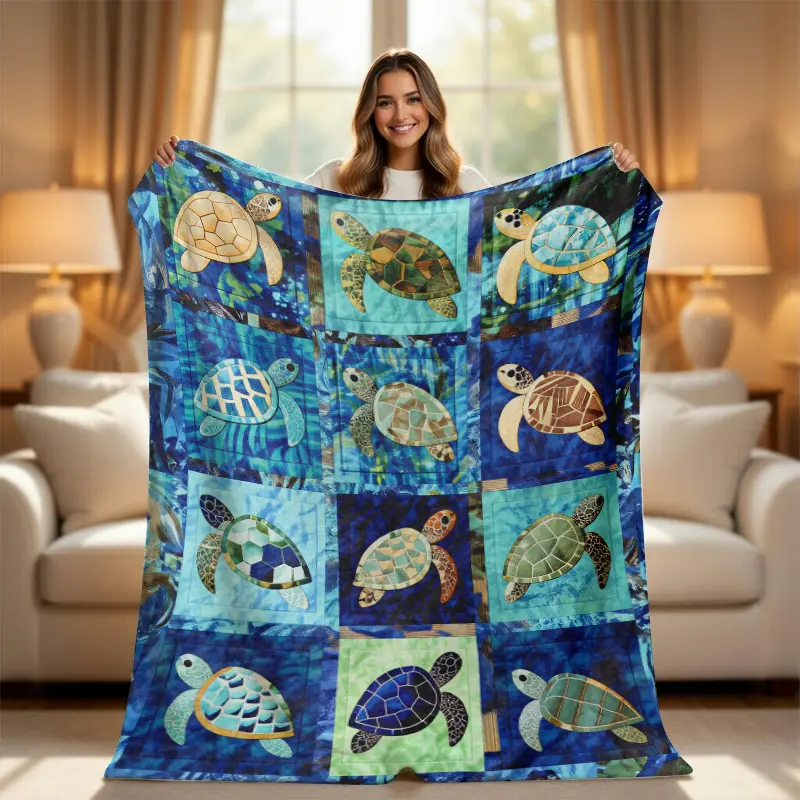 Sea Turtle Throw Blanket - Blue Mosaic Patchwork Bohemian Style Animal Artwork Beach-Themed Blue Plush Body-Warming Blanket, Coastal Tropical Home Decor for Couch & Bed, Gift for Turtle Lovers, Animal Artwork Blankets, Beach-Themed Blankets