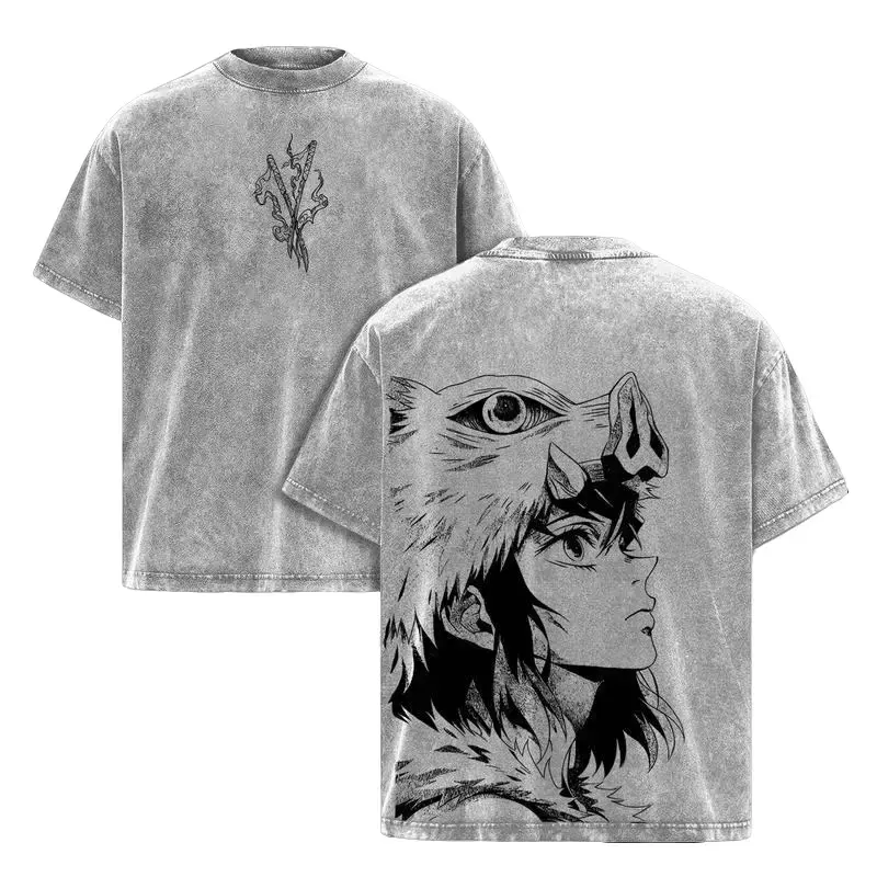 Inosuke - Demon Slayer Anime Double Printed Vintage Washed Tee Unisex Oversize Anime Manga Washed Heavyweight Cotton T-shirt, Gift For Anime Fan, Anime Lover