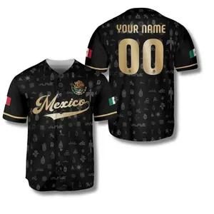 Mexico Baseball Jersey Personalized, Custom Name and Number, Black Gold Aztec Pattern with Flag Sleeves and Eagle Crest, Mexican Pride Gift #Basseball