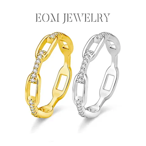 New EOM 14K Gold Plated Moissanite Waterproof Geometric Pave Ring Silver-Plated Unisex Chained Ring Silver-Plated  Hip Hop Jewelry Perfect Birthday Engagement Wedding Anniversary Gift for Men Women
