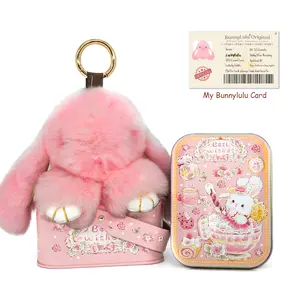 【BunnyLulu】Soft Handmade Bunny PomPom Keychain with Originial Design Tin Box – Cute Bag & Backpack Charm, Fun Gift for Friends or Loved Ones