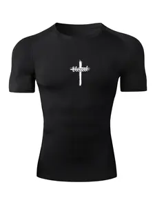 Blessed Cross Print Short Sleeve Compression Shirt for Men, Gym Shirts, Gym Workout Running Sporty Tees, Summer Quick-Dry Breathable Round Neck T-Shirt, Tight Fit Undershirt Baselayers Rash Guard