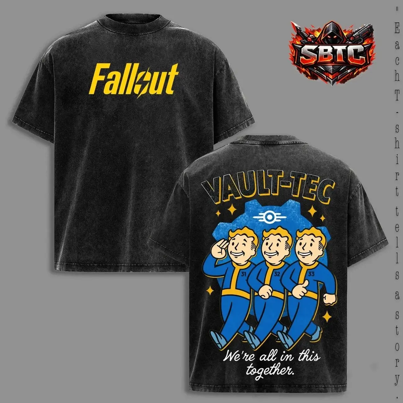 Fallout Vault-Tec Vintage Washed T-Shirt, Vault Boy Graphic Tee, Post-Apocalyptic RPG Game Shirt, Retro Wasteland Gaming Apparel, Double-Sided Acid Wash Cotton Top, Oversized Gamer Streetwear, Unisex Video Game Fan Gift, Vault Dweller Inspired Design 3KM