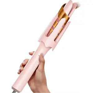 Auto Rotating Hair Curler - 4 Temperature and Timer Settings, Automatic Curling Iron with Automatic Shut-Off, Anti-Tangle and Scalding, Curling Wand for Long Lasting Curls (Pink)