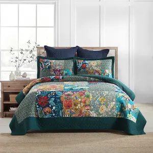 Bedspread Quilt Sets Reversible Bedding Coverlet Sets Comforters, Patchwork  Floral Turquoise Bedspread,  Size