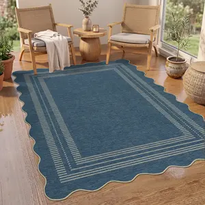 Modern Muted Neutral Scalloped Edge Area Rug, Ultra-Thin Foldable Washable Non-Slip Non-Shedding Indoor Decor Rug for Bedroom, Living Room & Courtyard