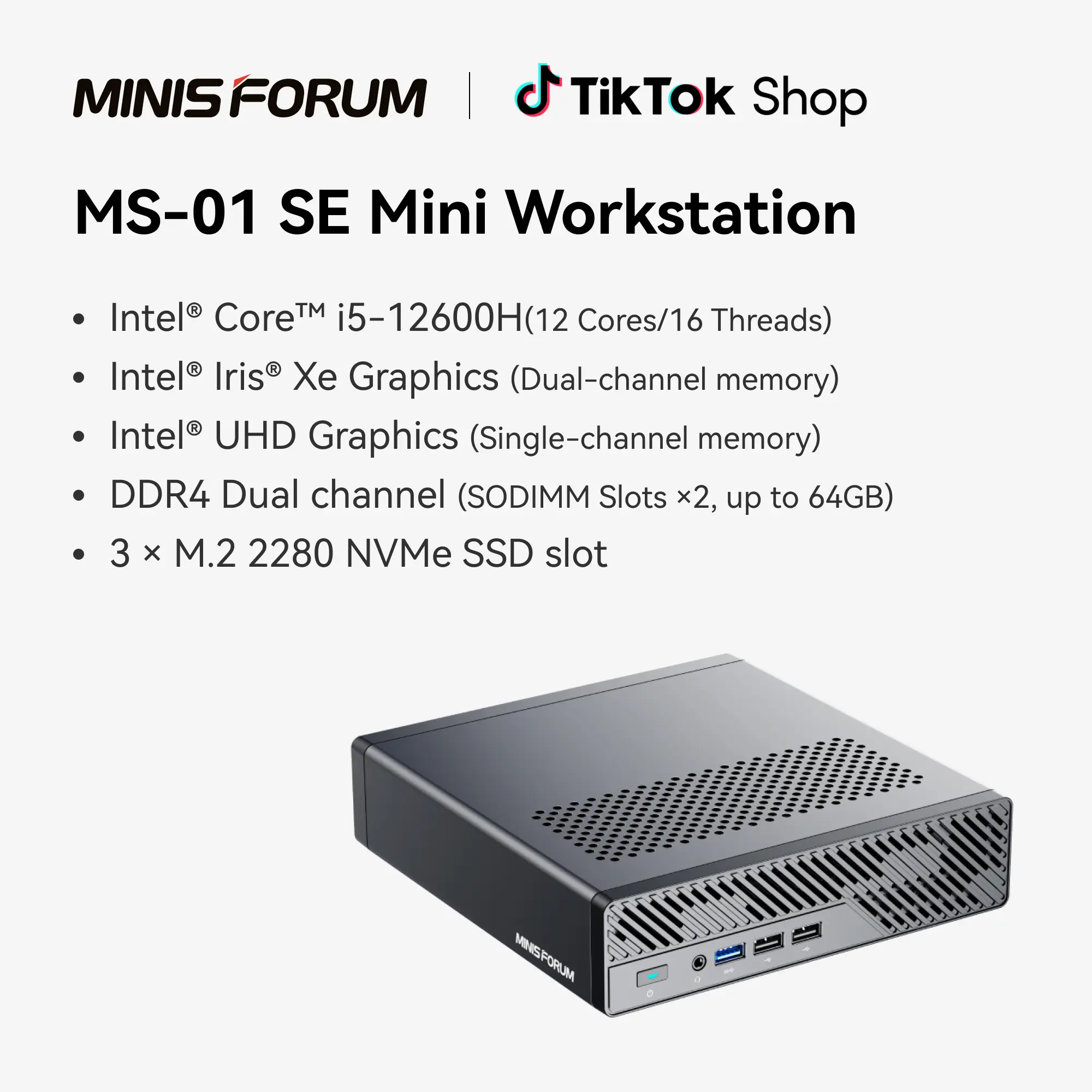 MINISFORUM MS-01 SE Mini PC with Intel Core i5-12600H 32GB RAM 1TB SSD 12 Cores 16 Threads, PCIe 4.0 x16, 3× M.2 NVMe Slots, Dual 2.5GbE Ethernet, Dual USB4 Type‑C, Wi‑Fi 6E & BT 5.3,vPro support