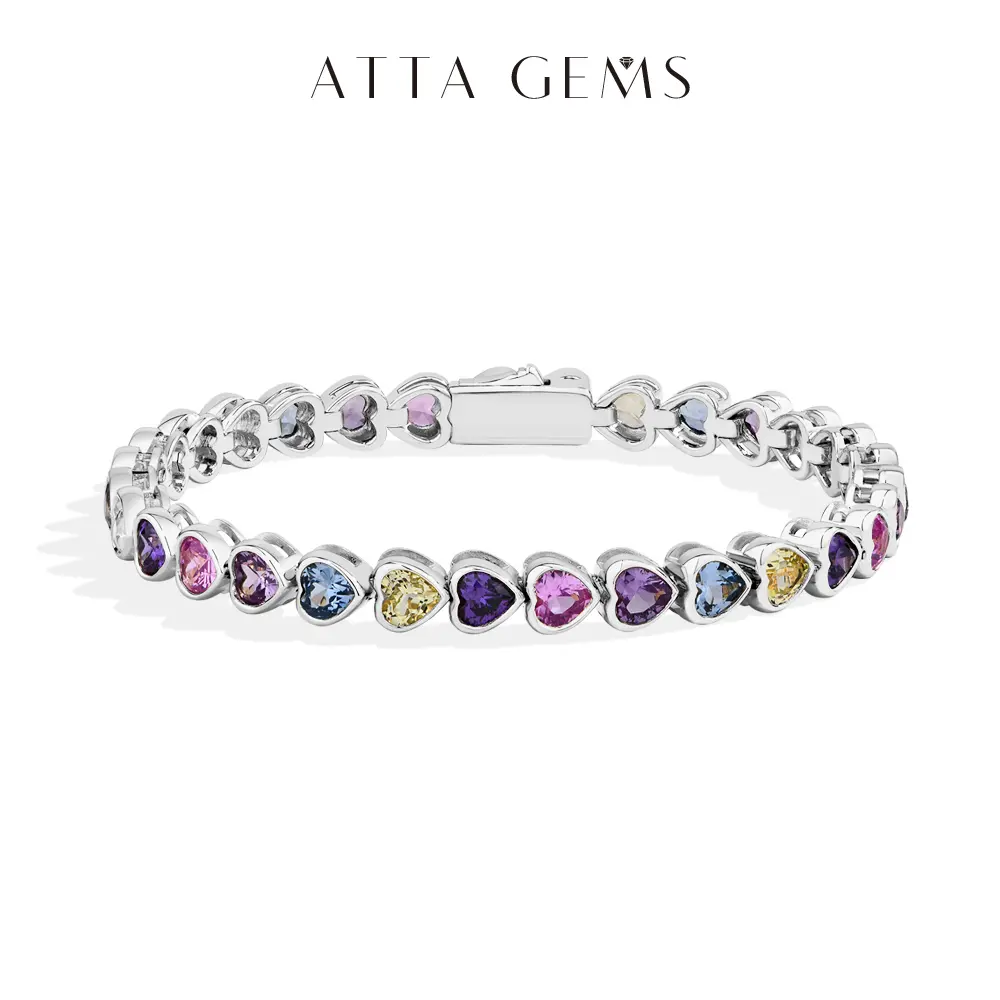 ATTAGEMS Heart-shape Lab-Created Sapphire Colorful Bracelet S925 Sterling Silver Zircon Bracelets For Women Engagement Party Jewelry Gift B050, Elegant Jewelry Bracelet,summerwins