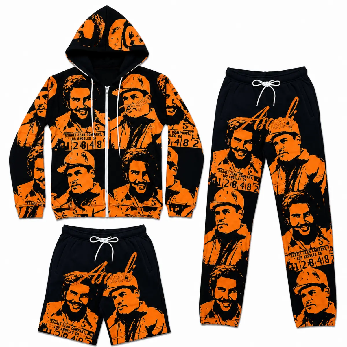 Vintage Mugshot Asalli Graphic 3 Piece Tracksuit Set, Zip Up Hoodie Jogger Pants & Shorts, Urban Streetwear Matching Outfit