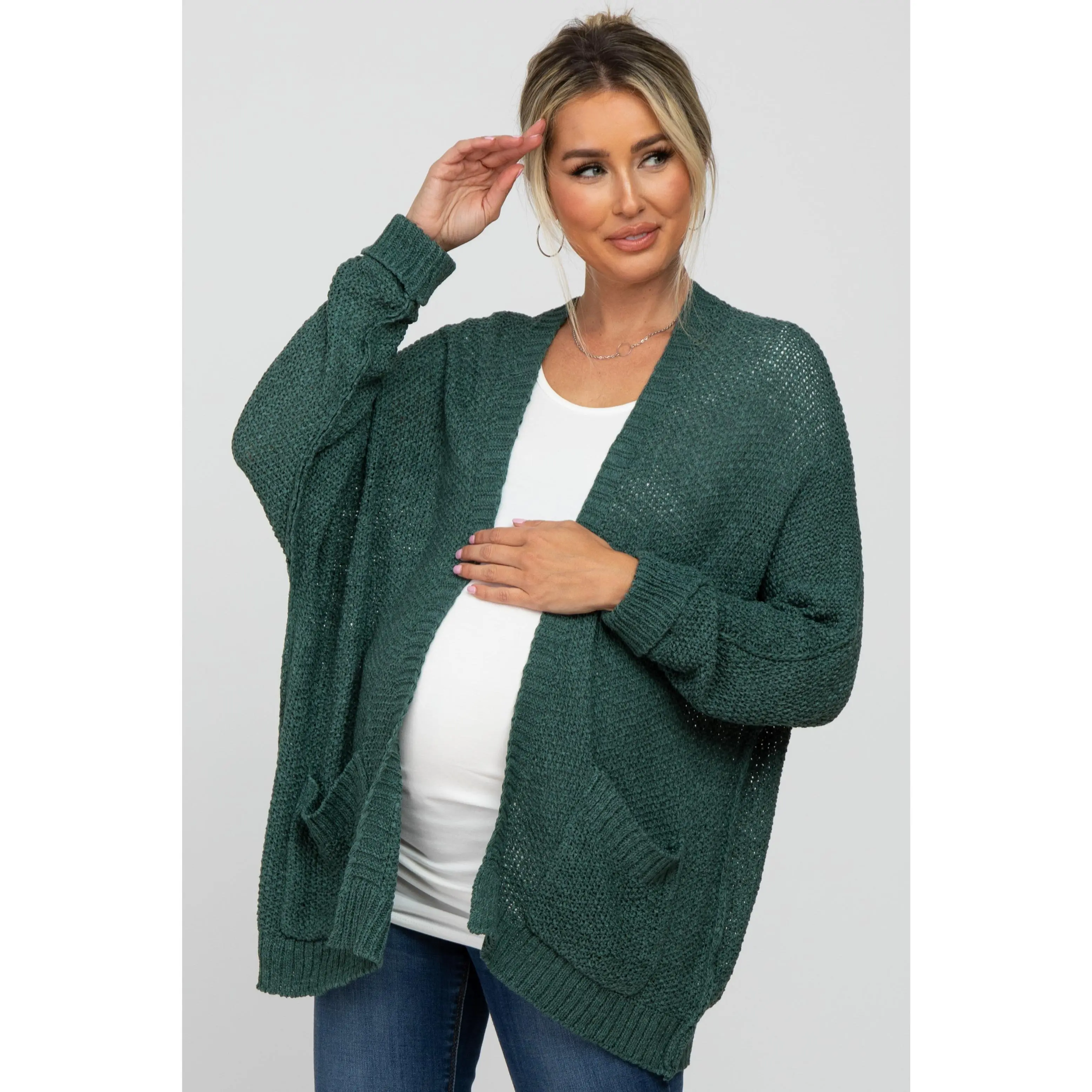 Women's Loose-Fitting Forest Green Maternity Cardigan - Long Sleeve Dolman Cuffed Tops with Pockets, Maternity Clothing