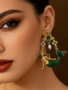 Vintage Enamel Mermaid Earrings with Rhinestone Tassel Pendant, High-End Palace Style Ear Jewelry, Retro Fashion Accessories, Zinc Alloy Material
