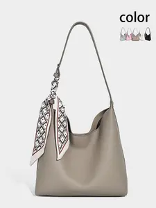 High-End Tote Bag, 2026 New Commuter Elegant Bucket Bag, Shoulder Crossbody Bag, Large Capacity Scarf Decorated Shoulder Bag, Lychee Texture