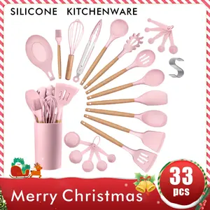Romantic Pink Kitchen Utensil Set, 33-Piece | Heat-Resistant Silicone Heads & Natural Wood Handles | Safe for Non-Stick Cookware | Premium Baking & Cooking Tools for Home
