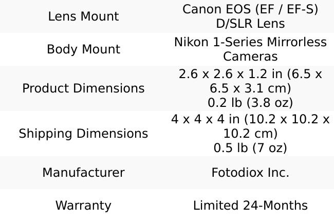 Fotodiox Pro Lens Adapter - Compatible with Canon EOS (EF / EF-S) D/SLR Lenses to Nikon 1-Series Mirrorless Cameras