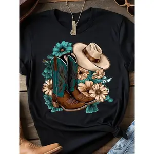Women's Casual Short Sleeve Crew Neck T Shirt Featuring Cowboy Boots and Hat Graphic Print Perfect for Spring and Summer Casual Wear Stylish Graphic Tee with Comfortable Fit for Women Black Streetwear Top with Bootcut Jeans