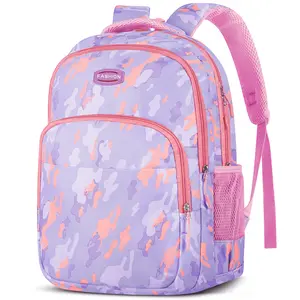 Fashion 17" Backpack Travel Bag for Men Women Purple Camo Design with Front Zip Pocket Waterproof Lightweight Primary Students Bookbags Adjustable Padded Mesh Straps