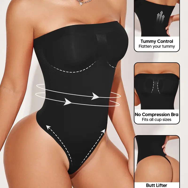 Basic Strapless Faja Shaper Bodysuit for Women - Tanga Thong Design, Faja Invisible Shapewear, Seamless Smooth Slim Fit One-Piece Shapewear, Slim Fitting Bodysuit, Everyday Essential Body Suit for Layering or Standalone Wear
