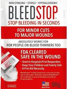 BleedStop First Aid Powder for Blood Clotting, Trauma Kit, Blood Thinner Patients, Camping Safety, and Survival Equipment for Moderate to Severe Bleeding Wounds or Nosebleeds - 1 (60g) Pouch