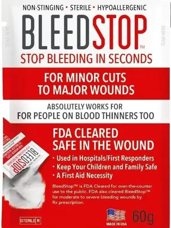 BleedStop First Aid Powder for Blood Clotting, Trauma Kit, Blood Thinner Patients, Camping Safety, and Survival Equipment for Moderate to Severe Bleeding Wounds or Nosebleeds - 1 (60g) Pouch