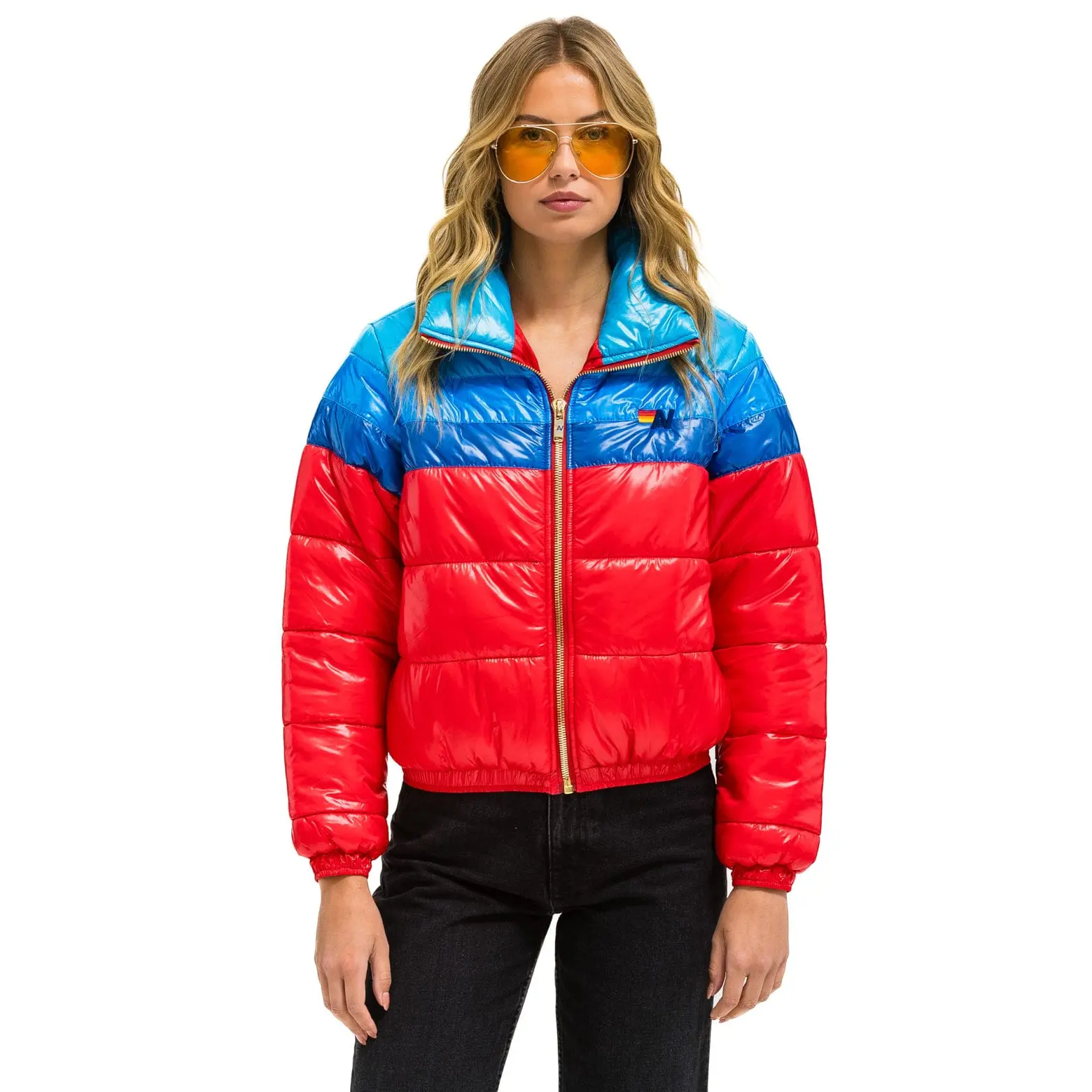 COLOR BLOCK LUXE APRES PUFFER JACKET - GLOSSY CHERRY