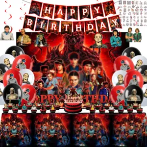 125PCS Party Stranger Birthday Decorations Supplies Kit Includes Banner Balloons Hanging Swirls Cake Cupcake Toppers Tablecloth Backdrop Stickers Themed Decor Boys Girls Things Theme