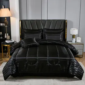 Black Satin Bed in a Bag 8 Pieces Queen Size Solid Stripe Comforter Set Luxury Silky Bedding Set Soft Lightweight Comforter Set Cooling Bed in a Bag