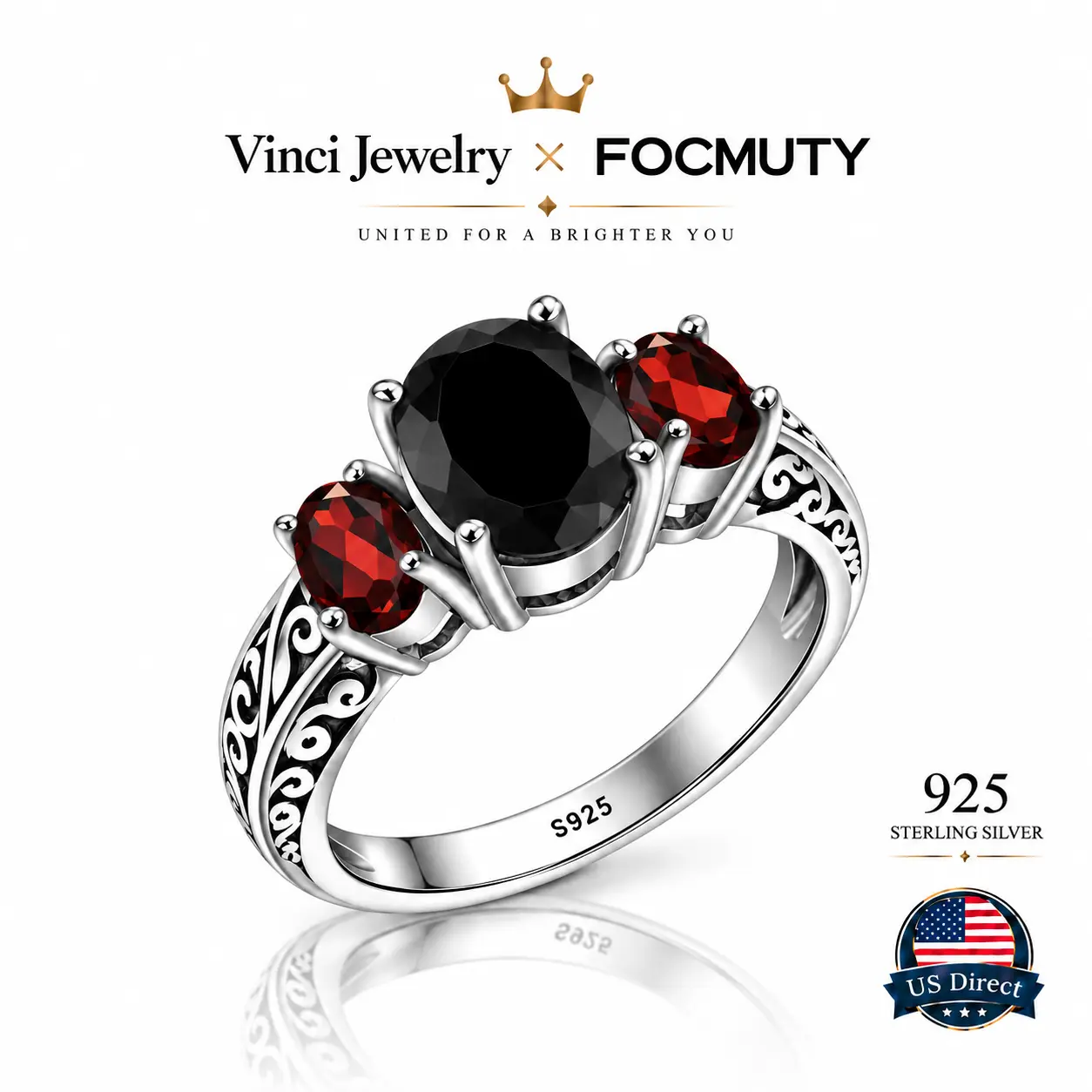 FOCMUTY S925 Sterling Silver 2.73 Cttw Black Onyx and Red Garnet 3 Stone Ring For Women, Vintage Artificial Gemstone Jewelry, Crystal Synthetic Obsidian Ring Wedding Engagement Anniversary Promise Ring For Women, Statement Ring Gift