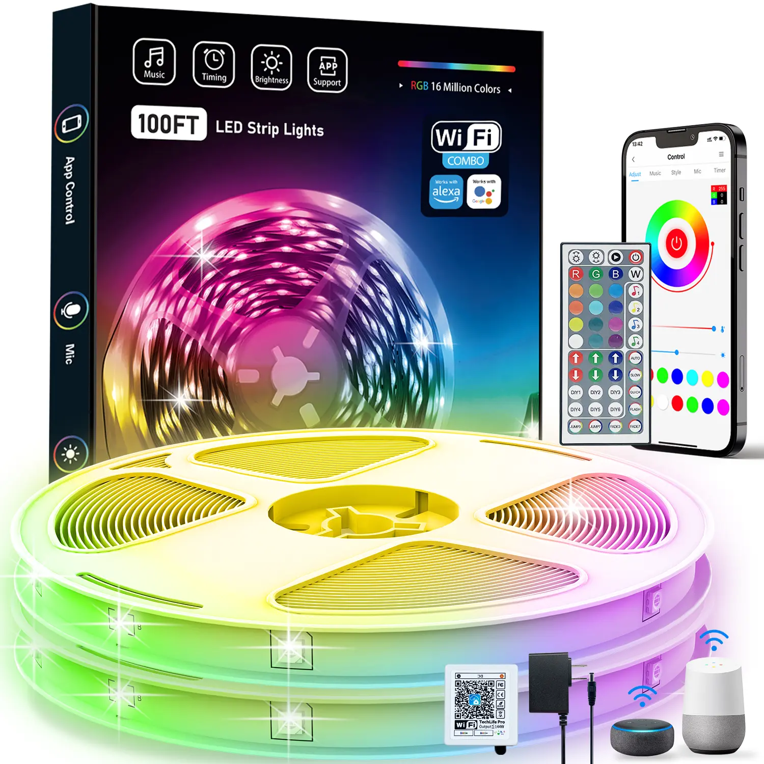 KEXU 100ft & 50FT WiFi RGB LED Strip Lights with Remote App Control for Alexa & Google Assistant, Ideal for Modern Bedroom Decor
