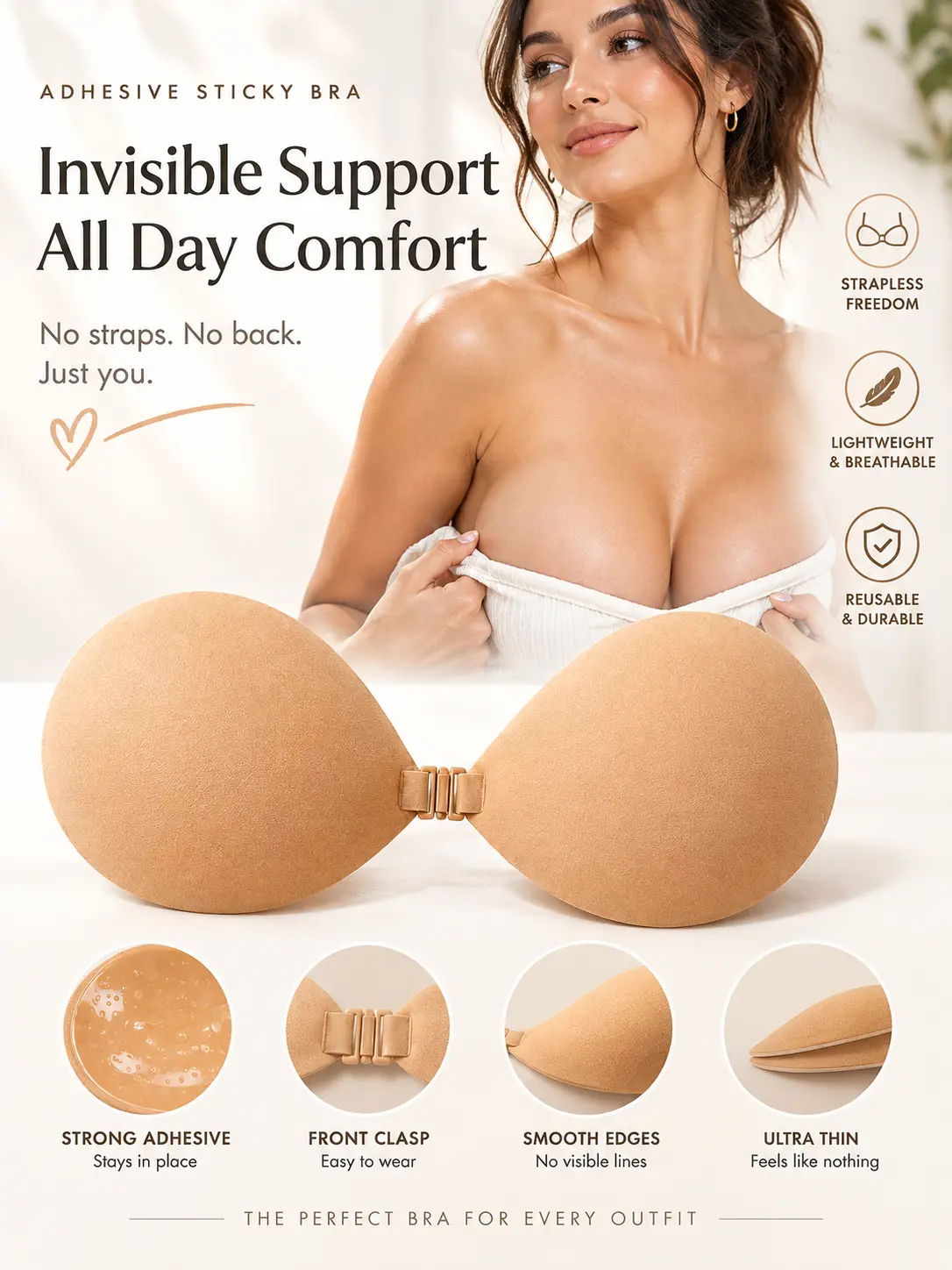Sticky Bra for Women, Invisible Adhesive Strapless Bra, Backless Seamless Reusable Lift Bra, Self Adhesive Breast Support for Off Shoulder Tops, Tube Tops, Strapless Dresses, Wedding Dresses & Special Occasion Outfits, No Visible Straps