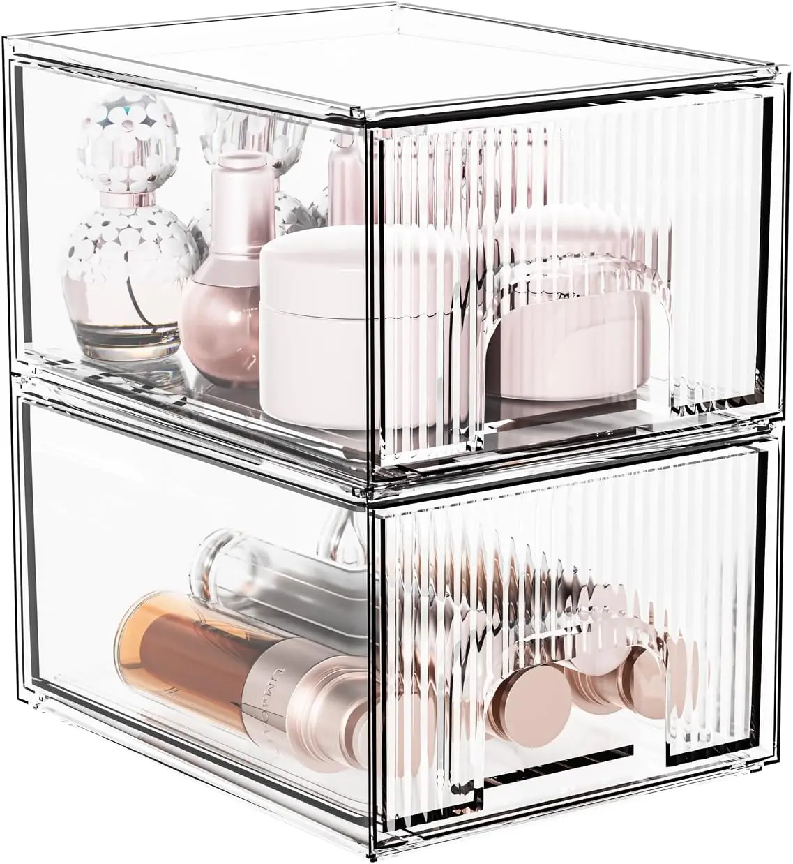 2 Pack Striped Clear Stackable Storage Drawer Organizer Acrylic Makeup Drawers Organizer, Makeup Organizer Box with Drawers for Skincare Vanity Bathroom Pantry Organization Gift
