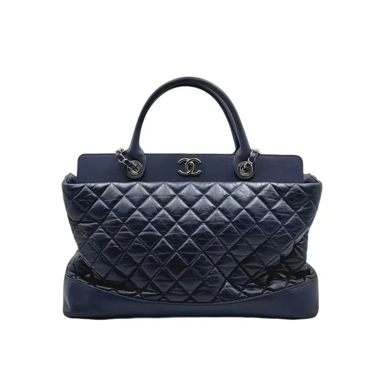 Pre-owned CHANEL H6 dark blue old diamond commuter tote bag H18961