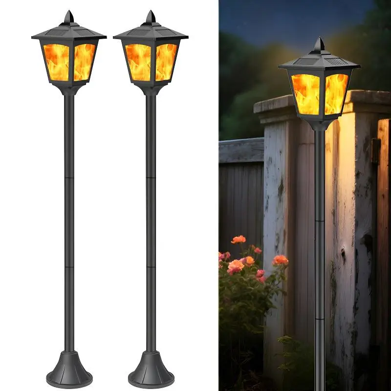 2 Pack 40" Solar Flame Flickering Lights Outdoor LED Post Lanterns for Garden & Pathway Waterproof Decorative Lighting