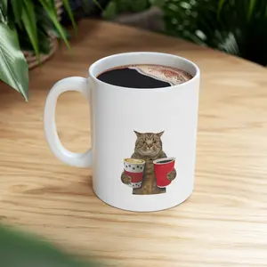 Cat Holding Coffee Mug Funny Cat Meme Coffee Cup for Men Women | Cute Caffeinated Kitty Ceramic Mug for Coffee Tea | Cat Lover Gift Idea Birthday Christmas for Her Him | Funny Animal Coffee Lover Mug | Trendy Viral TikTok Cute Cat Mug Gift