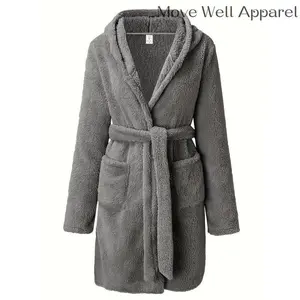 Men'S Casual Hooded Robe Pajama Set, Solid Color Polyester 100%, Slight Stretch Knit Fabric, Regular Fit with Belt, Dual Pocket Bathrobe for All Seasons