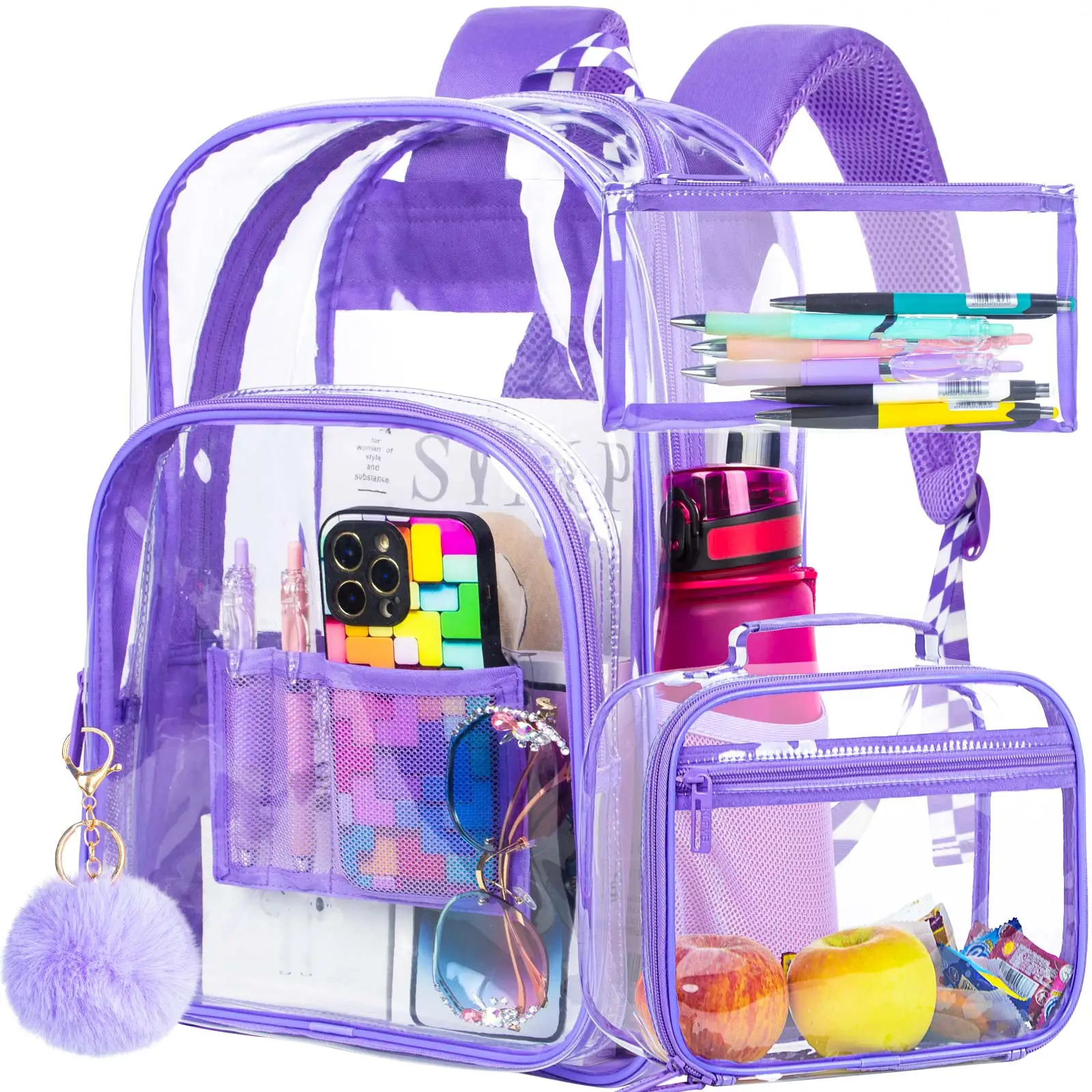 3PCS Girls Clear Backpack, Transparent Bookbag Set Heavy Duty, See Through School Bag for Womens - Purple