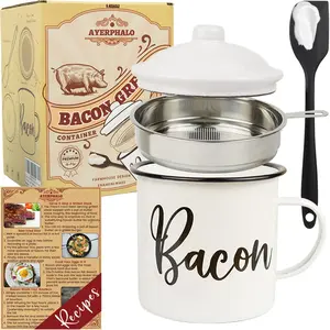 Bacon Grease Container with Strainer - With Food-Grade Silicone Spatula, Dish washer safe