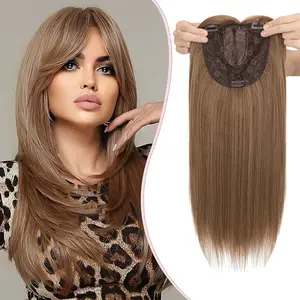 Hair Topper With Bangs for Thinning Hair – 14/18 Inch Straight/Curly Clip In Synthetic Hair Pieces for Women 6''×6'' Big Base for Hair Loss