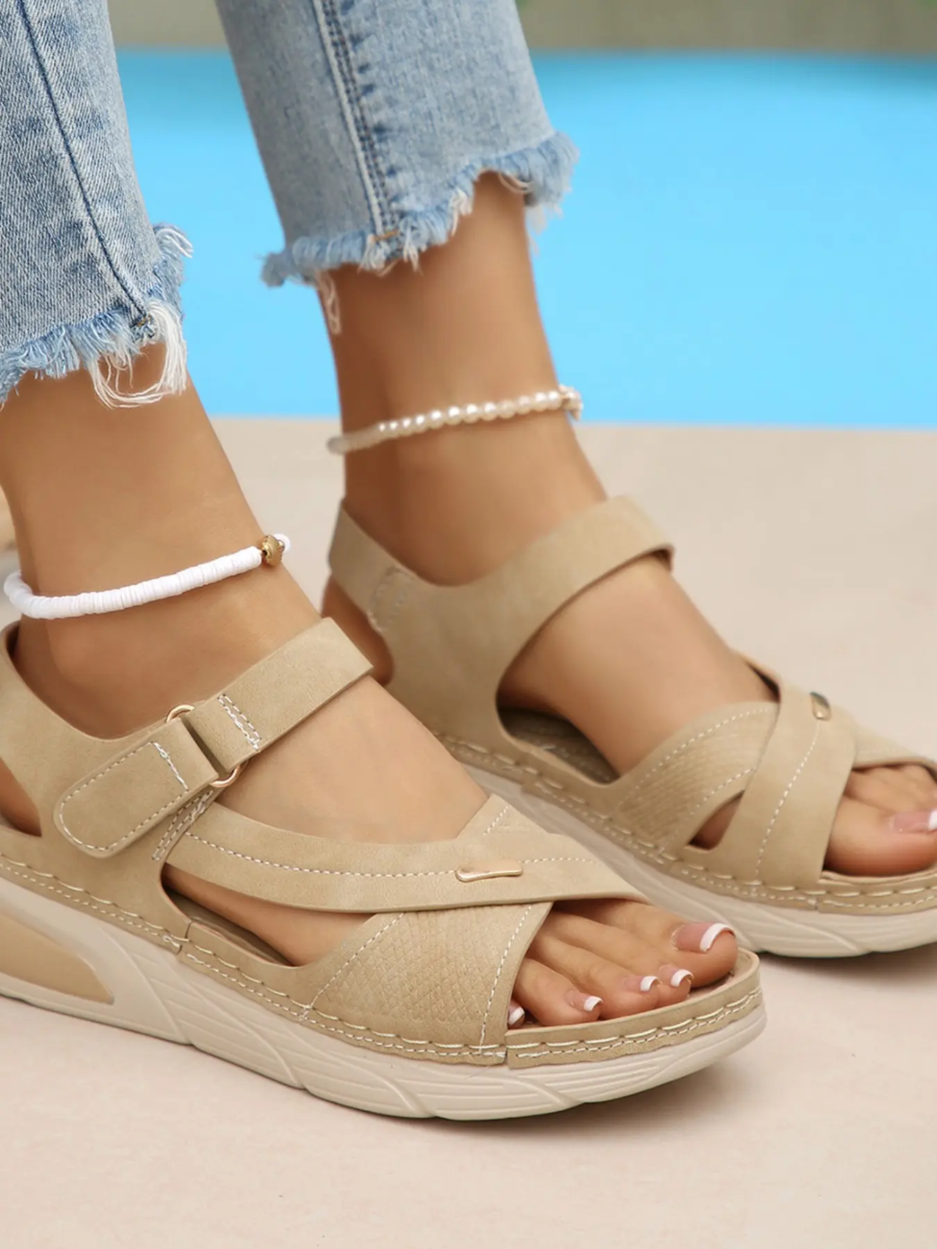 Women's New Fashion Summer Comfortable Soft Sole Adjustable Velcro Casual Sandals, Open Toe Criss Cross Strap, PU Leather, Rubber Sole, Adjustable Strappy Sandals, Crisscross Sandals