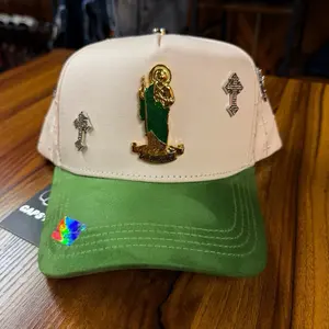 Gorra San Juditas White with Green Brim & Black Brim Hat Featuring San Juditas Emblem Small Crosses QR Code Religious Motif Accessory