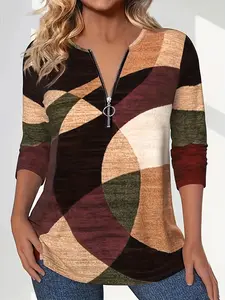 Women's Fall Winter New Zipper Colorblock Print Patchwork Long Sleeve T-Shirt, Casual Classy Fashion Top, Comfortable and Stylish, Chic Fashion Casual, Casual Comfy Shirt, Womenswear