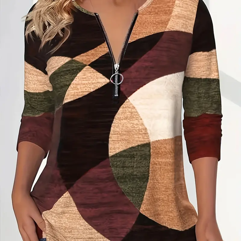 Women's Fall Winter New Zipper Colorblock Print Patchwork Long Sleeve T-Shirt, Casual Classy Elegant Fashion Top, Comfortable and Stylish, Chic Fashion Casual, Casual Comfy Shirt, Womenswear