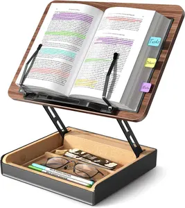 Book Stand with Storage, Book Holder for Reading Hands Free, Wooden Cookbook Stand for Kitchen Counter, Adjustable Reading Stand for Desk, Recipe Stand, Book Prop for Book Lovers HUMANCOZY
