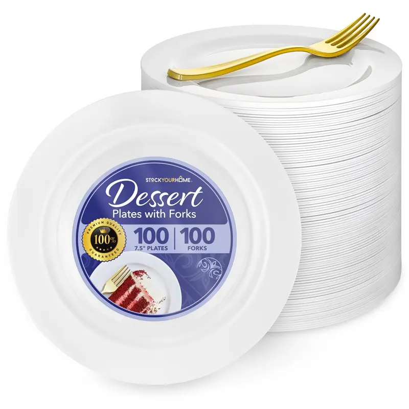200 Pcs White Plastic Dessert Plates for Weddings and Gold Plastic Forks, 7.5" Wedding Cake Plates and Forks, Elegant Salad/ Appetizer Plates Disposable for Party, Thanksgiving, Reception