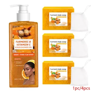 Turmeric Vitamin C Scrub Shower Gel, Bath Shower Gel, with Lemon Turmeric Soap Set, a natural body cleanser that makes skin soft, radiant, and moisturizing, Body Care, Cleansing, Suitable for all skin types, men and women