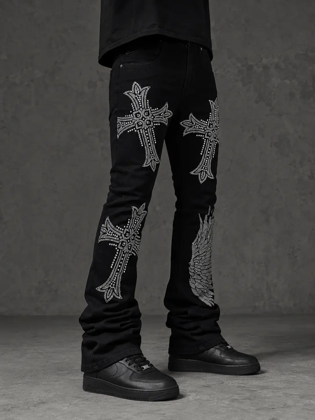 Women's Kloud9 Rhinestone Stacked Design Slimfit Stacked Fit Denim Pants, Jet Black Garment P25352, Follow Washing Instructions